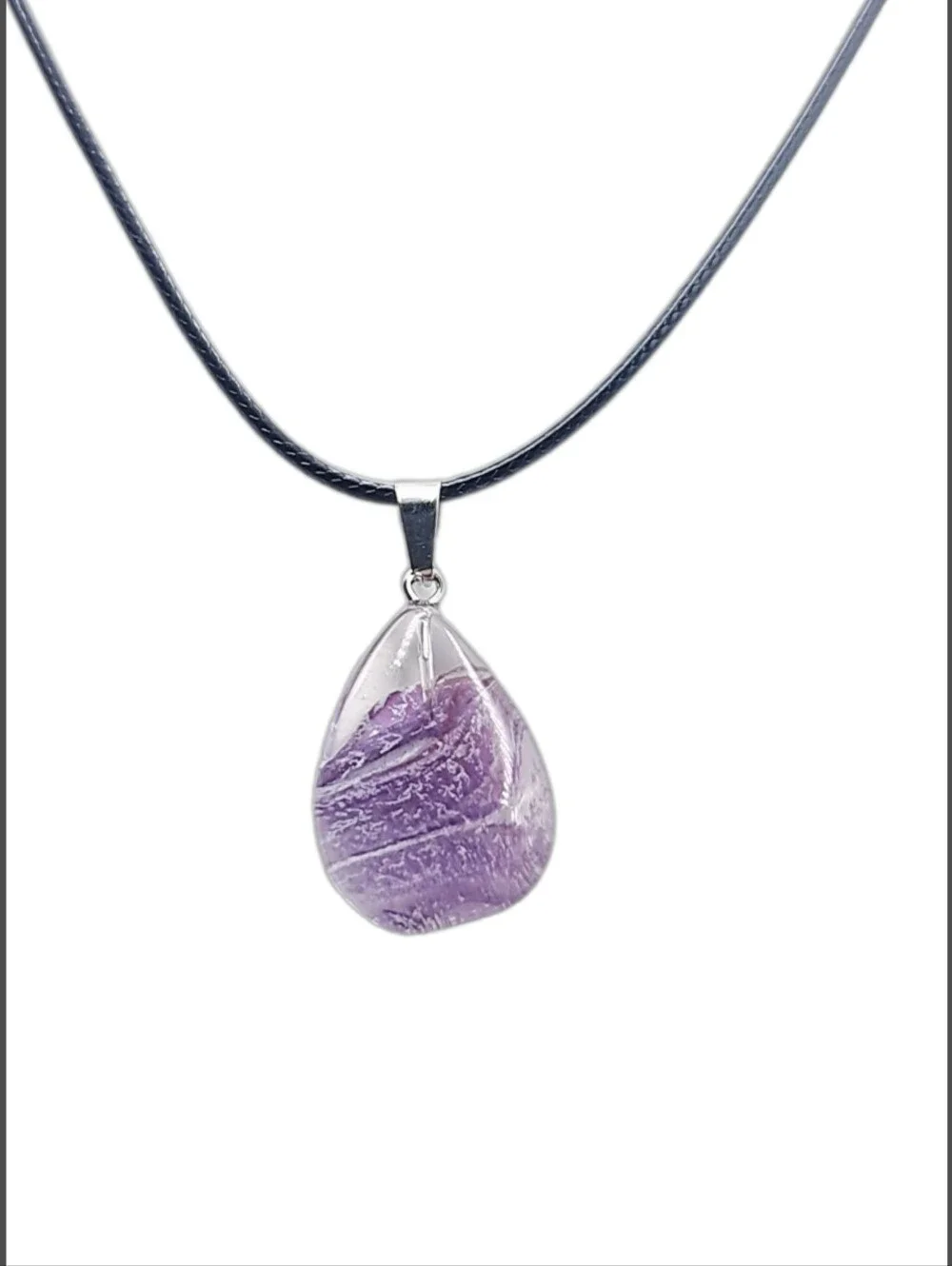 Clear Glass Pendant w/ Wavy Lines Design & Black Cord Necklace | NWOT